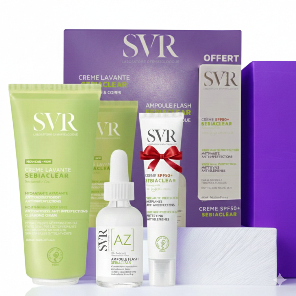 SVR COFFRET SEBIACLEAR CREME LAVANTE 200ML+AMPOULE AZ FLASH 30ML+CREME SOLAIRE  SPF50 40ML (OFFERT)