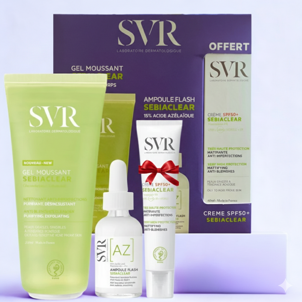 SVR COFFRET SEBIACLEAR GEL MOUSSANT 200ML+AMPOULE AZ FLASH ANTI IMPERFECTIONS 30ML+CREME SOLAIRE MATIFIANTE SPF50 40ML (OFFERT)