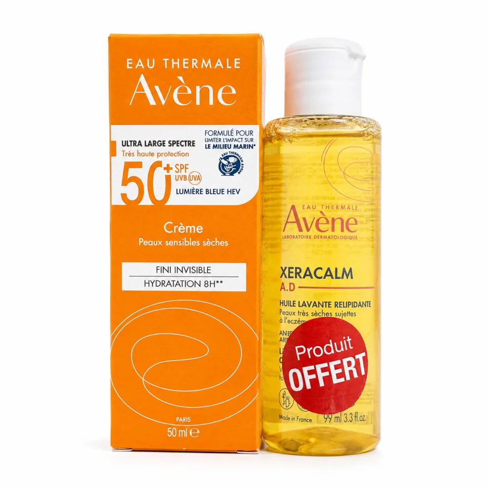 AVENE CREME SOLAIRE TRES HAUTE PROTECTION SPF50+ 50ML+XERACALM HUILE LAVANTE RELIPIDANTE 100ML (OFFERT)